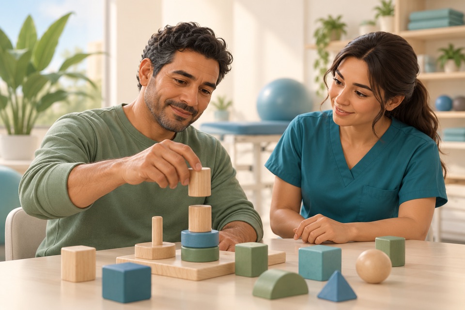 Escena ilustrativa de acompañamiento en un ejercicio de rehabilitación